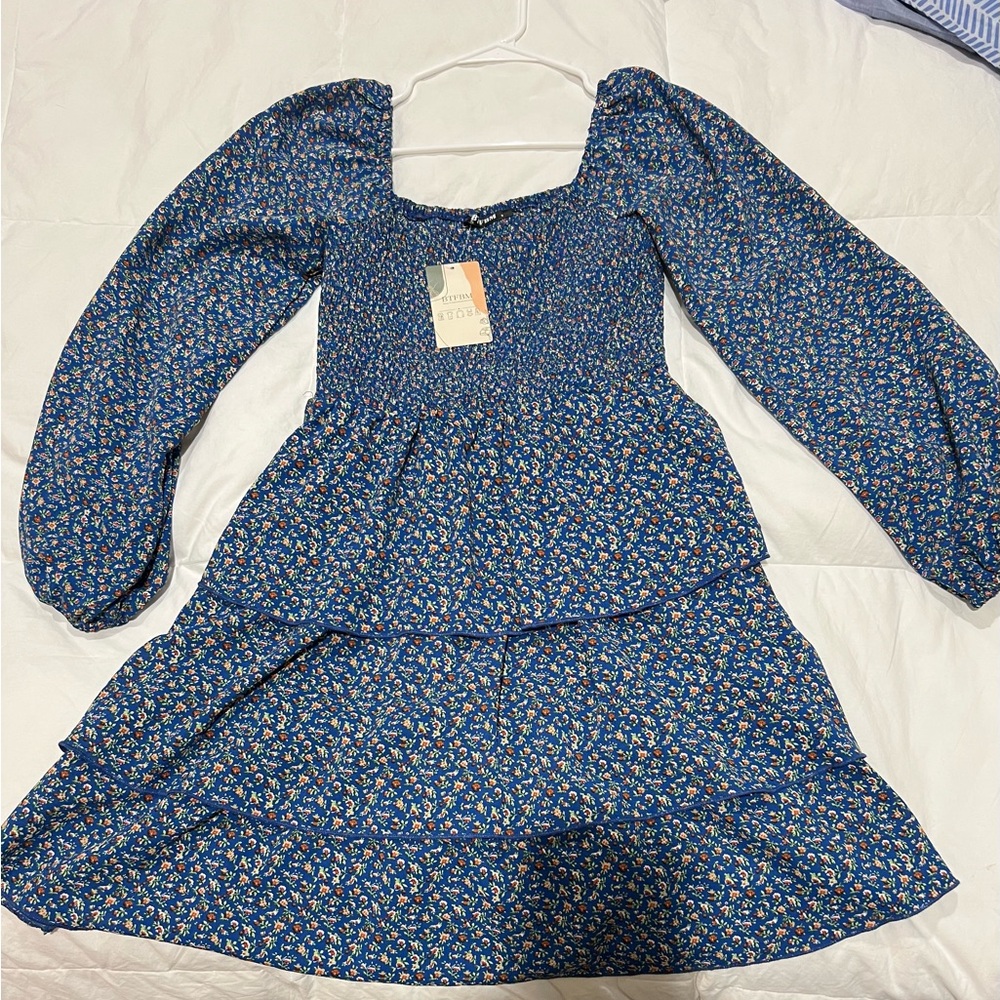 Floral Long Sleeve Blue Dress